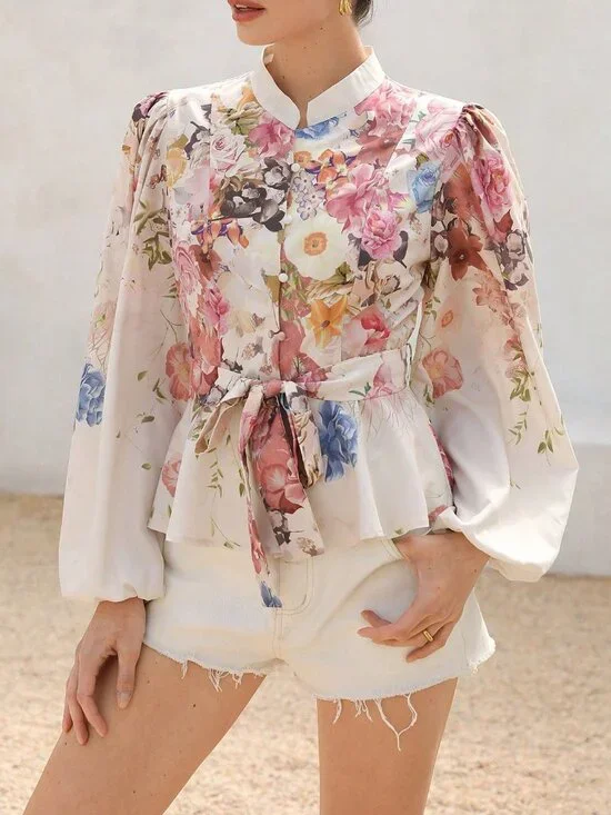 Multicolor Boho Women's Floral Stand-Up Collar Button-Down Long Sleeve Blouse - Picture 3 of 6